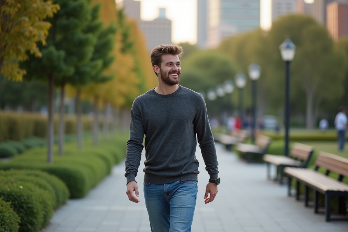 Homme décontracté marchant dans un parc urbain