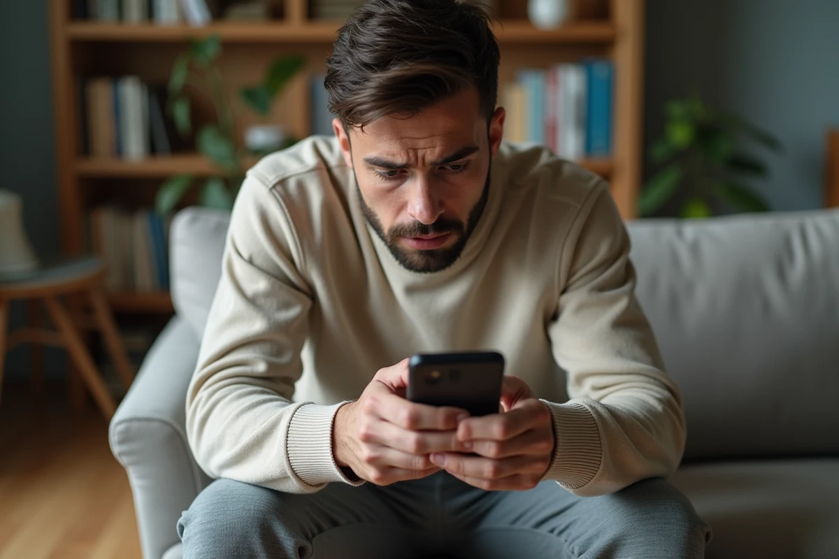 Homme pensif seul sur un canapé tenant son téléphone, expression d'introspection émotionnelle et de questionnement amoureux