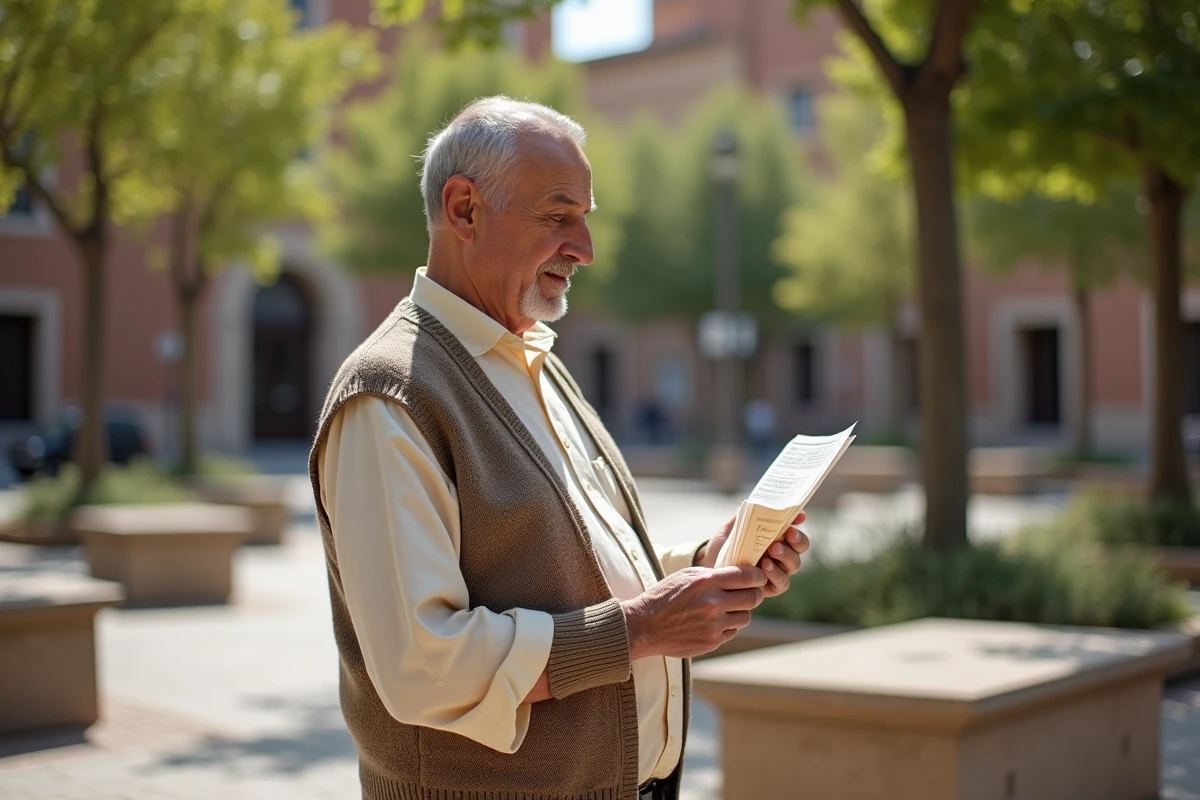 Homme musulman vérifie horaire de prière dans place à Toulouse
