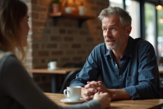Un homme se confiant à une femme dans un café, expression sincère et vulnérable lors d'une conversation intime