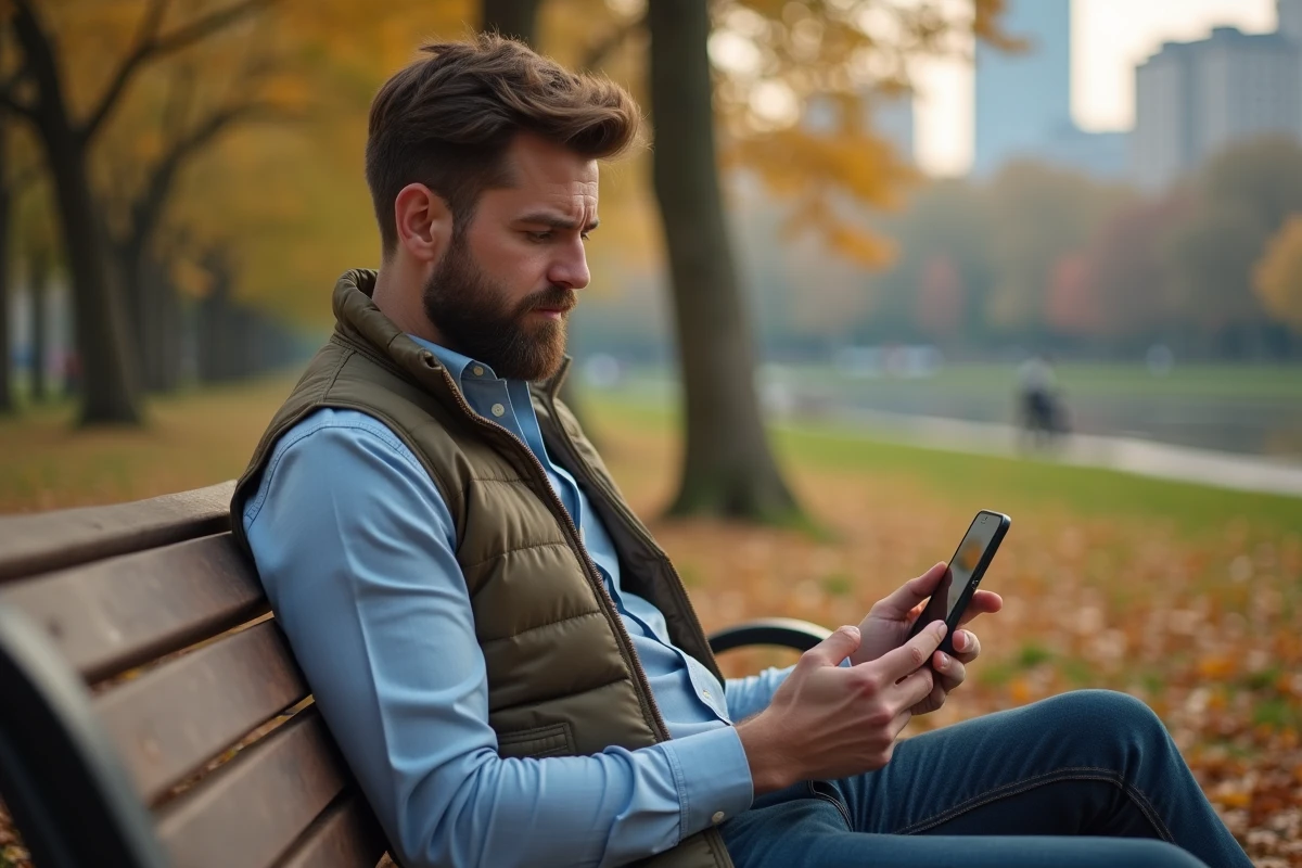 Homme en plein air regardant son smartphone sur un banc de parc