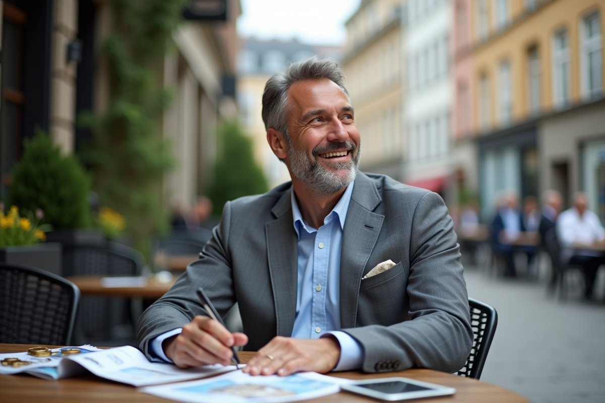 Homme d affaires souriant avec brochures et tablette en extérieur