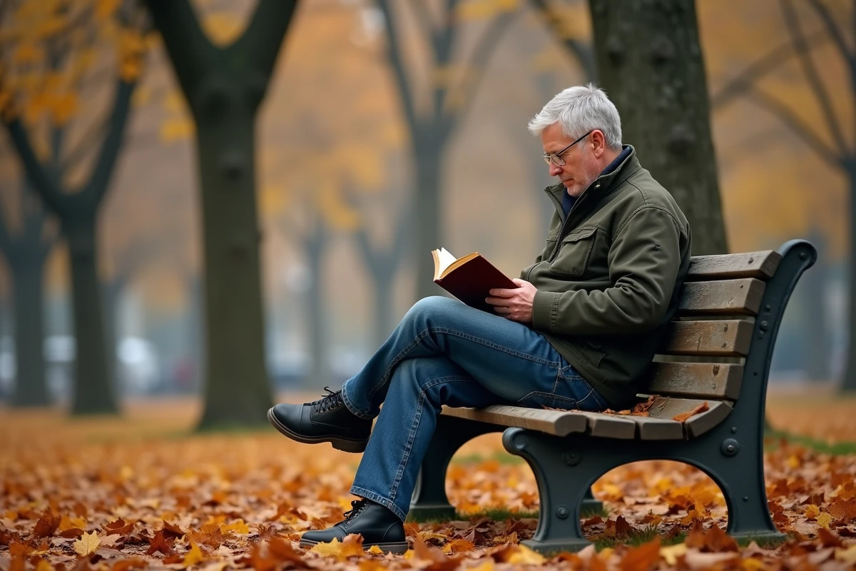 Homme seul lisant un livre sur un banc de parc en automne, entouré de feuilles dorées dans une atmosphère apaisante