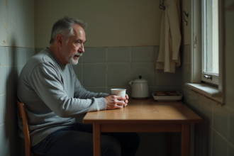 Homme d'âge moyen seul avec tasse de thé dans une cuisine modeste