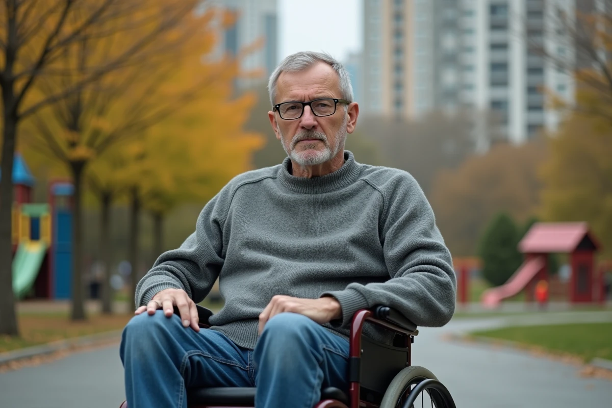 Homme en fauteuil dans un parc urbain souriant