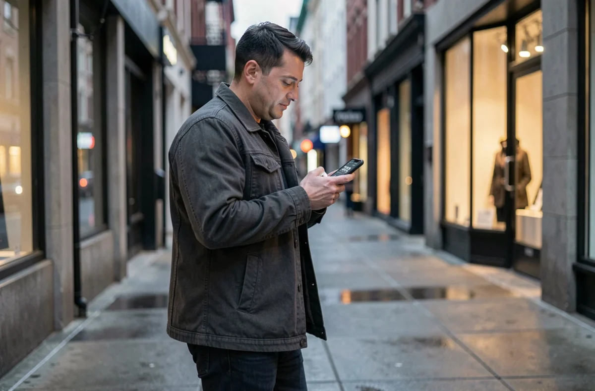 Homme regardant son téléphone affichant le nombre 222 dans une rue urbaine au crépuscule