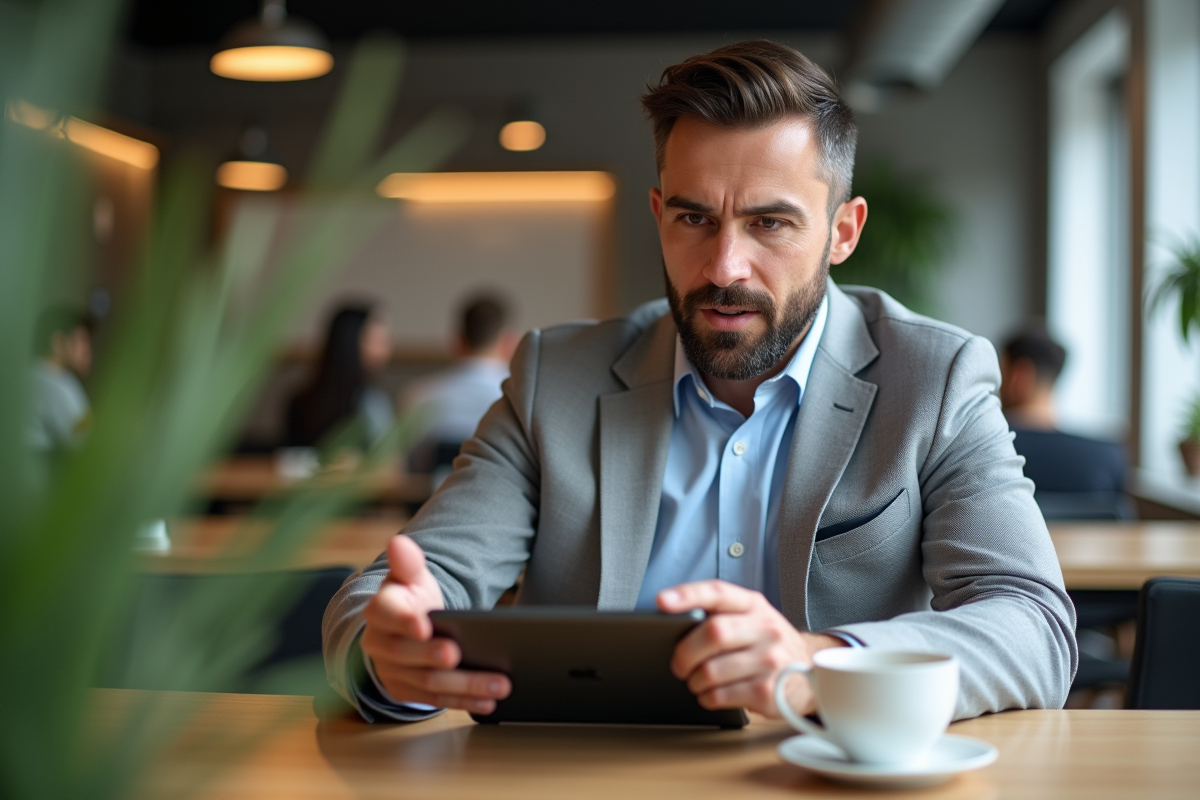 Homme avec tablette utilisant une application de traduction