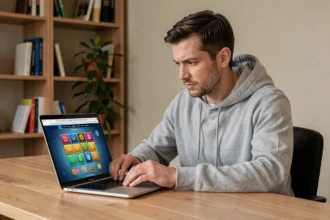 Homme adulte vérifiant un site de Monopoly gratuit sur son ordinateur portable dans un bureau à domicile, expression concentrée et prudente