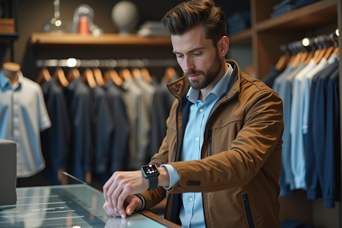 Homme regardant une montre connectée en magasin de vêtements