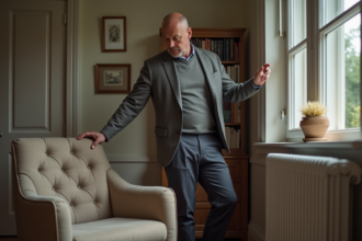 Homme d'âge moyen inspectant un radiateur électrique ancien dans un salon chaleureux