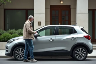 Homme examine une voiture compacte en ville