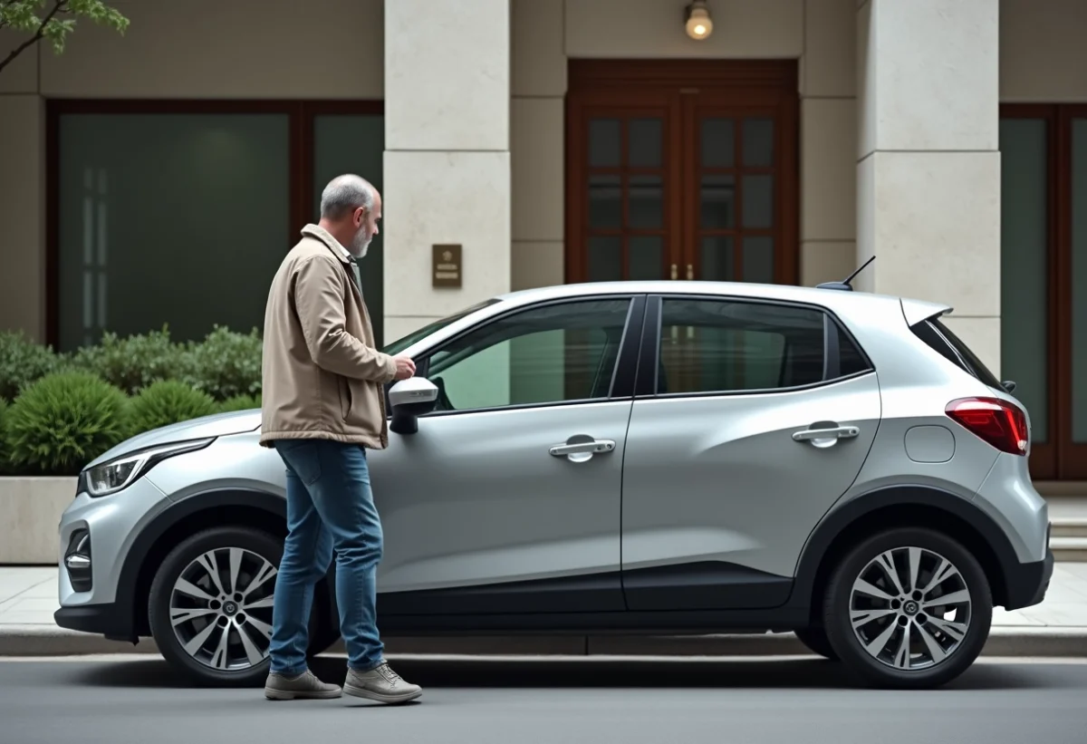 Homme examine une voiture compacte en ville