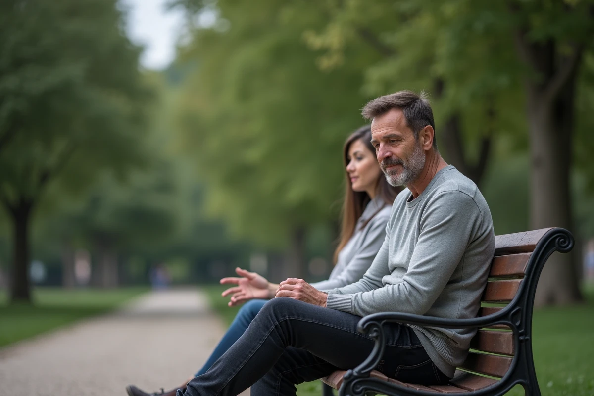 Homme ouvert émotionnellement assis sur un banc de parc, se confiant à une femme dans un cadre naturel et authentique