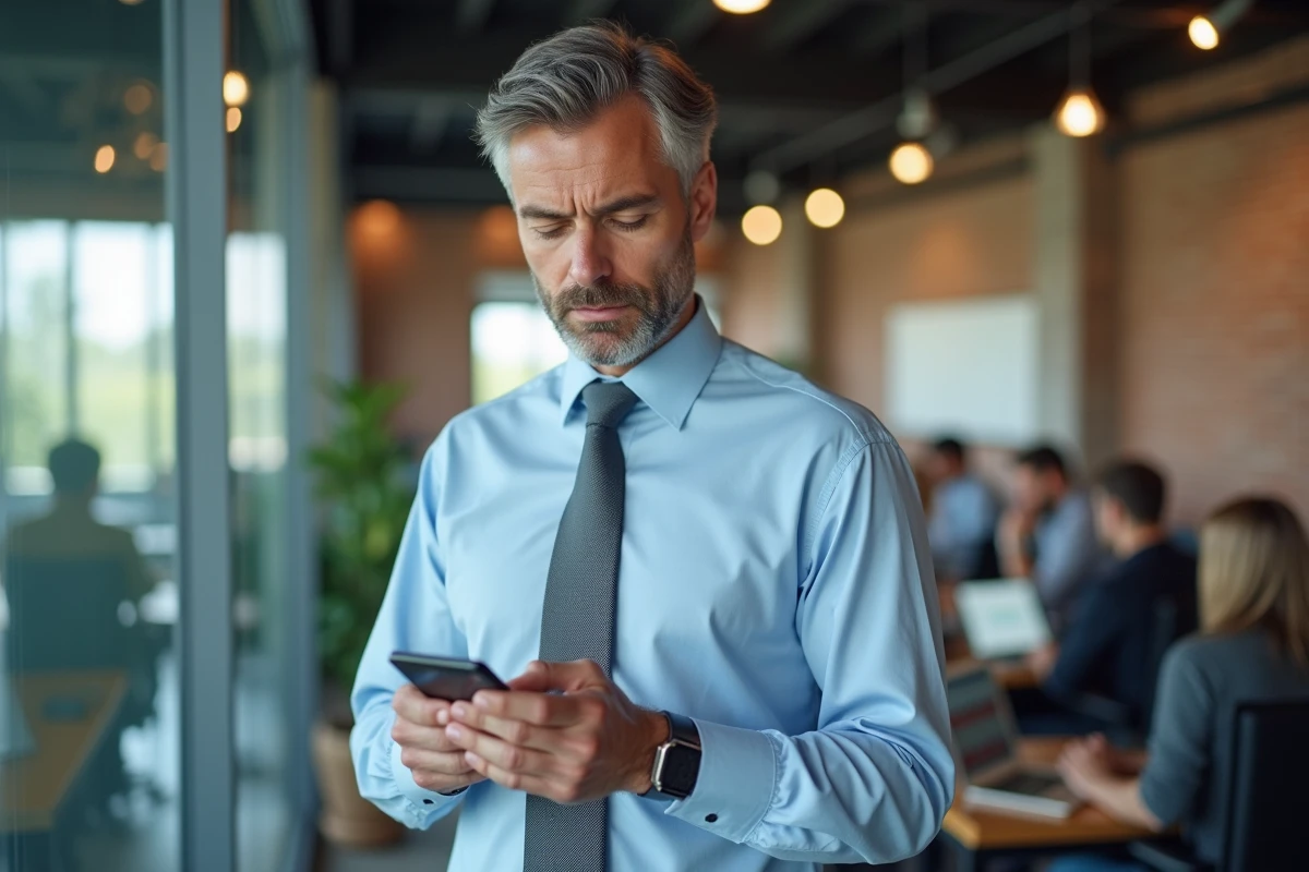 Homme d affaires utilisant son smartphone au bureau