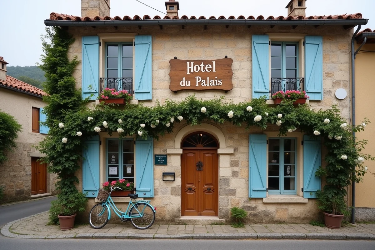 Façade en pierre d'un petit hôtel de charme à Hauterives dans la Drôme, village proche du Palais Idéal du Facteur Cheval, avec volets bleus et rosiers grimpants