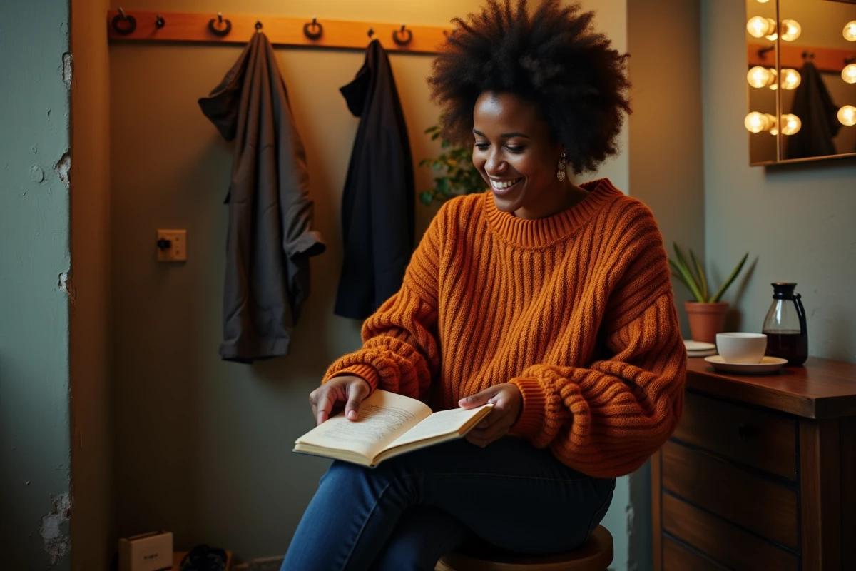 Humoriste femme noire française en coulisses consultant ses notes avant un spectacle de stand-up comique
