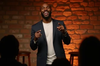 Humoriste stand-up noir français sur scène dans un club de comédie parisien, expression animée lors d'un numéro comique