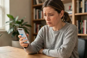 Femme consultant un numéro de téléphone inconnu sur son smartphone dans un bureau à domicile, air préoccupé et interrogateur