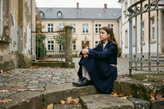 Jeune fille mélancolique assise seule sur des marches en pierre d'une école, évoquant l'innocence perdue et la solitude de l'adolescence