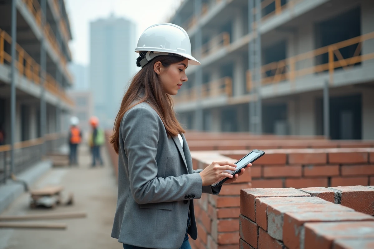 Jeune femme inspectant des briques sur un site de construction