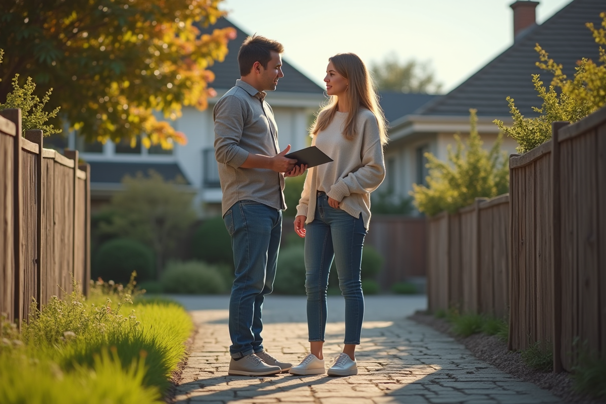 Jeune femme propriétaire discutant avec un inspecteur dehors