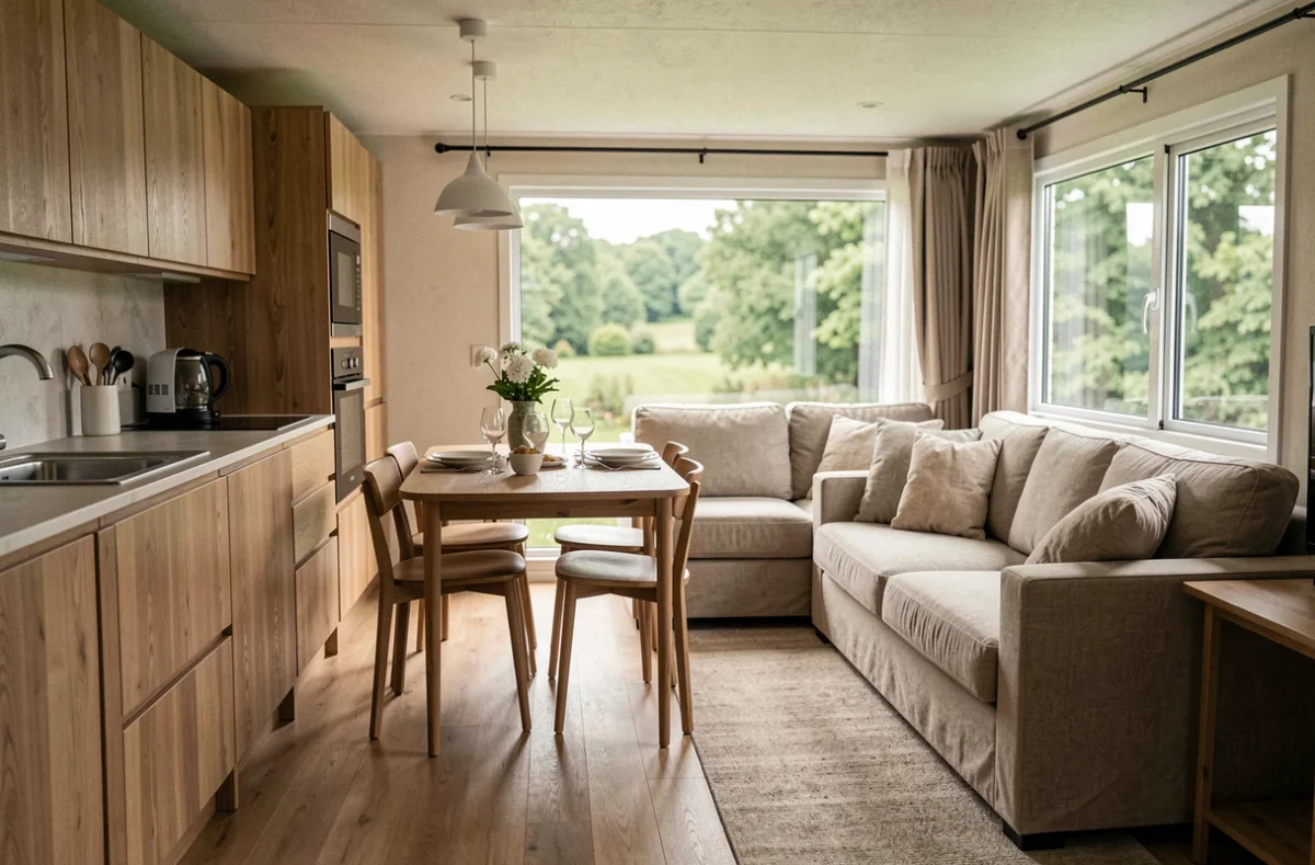 Intérieur spacieux et moderne d'un mobil-home haut de gamme de fabrication française avec cuisine équipée et salon