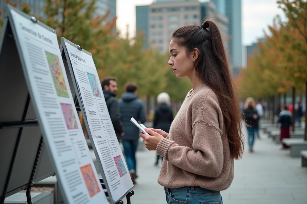 Jeune femme lisant une affiche scientifique en extérieur