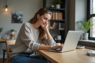 Jeune femme concentrée devant son ordinateur dans un appartement moderne