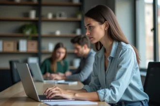Jeune femme au bureau travaillant sur un ordinateur portable