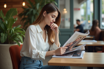 Jeune femme dans un café lisant des magazines de mode