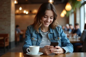 Jeune femme souriante avec smartphone dans un café