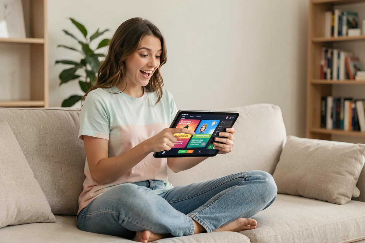 Jeune femme découvrant des codes Brawl Stars gratuits sur tablette pour booster son compte en 2026