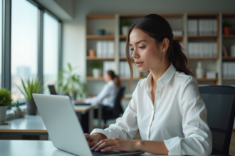 Jeune femme en blouse blanche travaillant sur un ordinateur dans un bureau lumineux