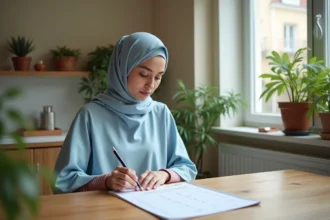 Jeune femme musulmane marque dates sur calendrier à Toulouse