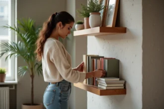 Jeune femme arrangeant des livres dans un salon cosy
