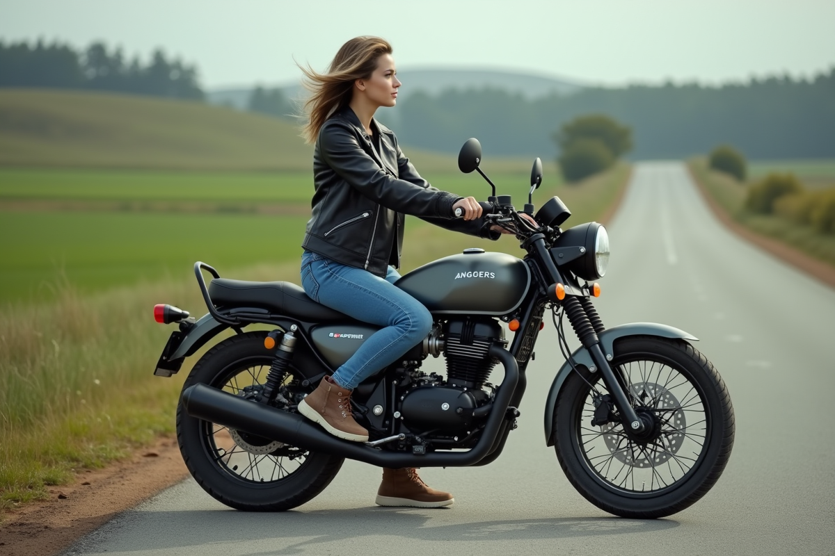 Jeune femme assise sur une moto dans un paysage rural