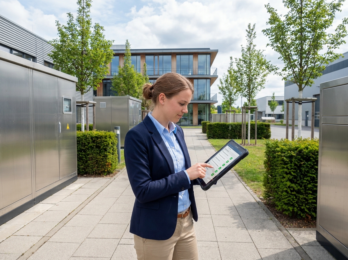 Jeune ingénieure en extérieur vérifiant une checklist numérique