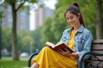 Jeune femme souriante lisant dans un parc urbain ensoleille
