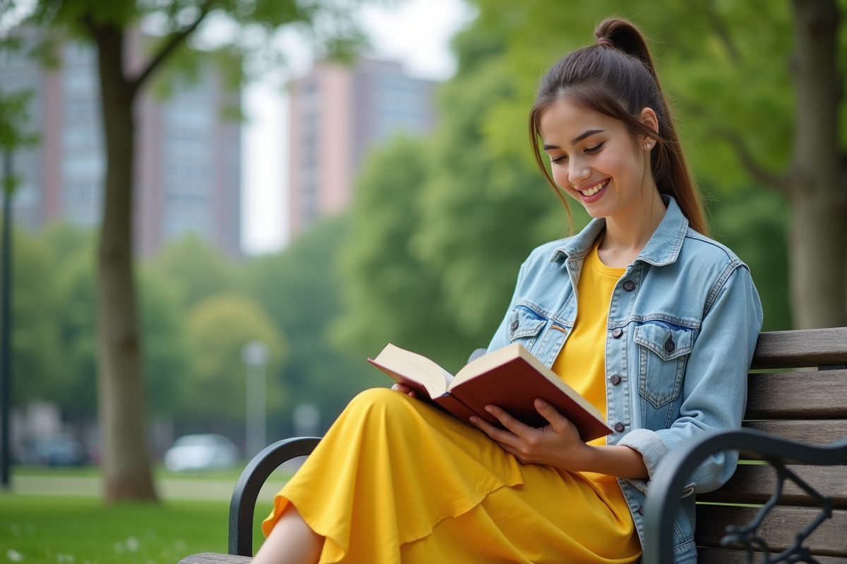 Jeune femme souriante lisant dans un parc urbain ensoleille