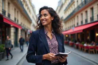 Jeune femme souriante dans une rue parisienne élégante