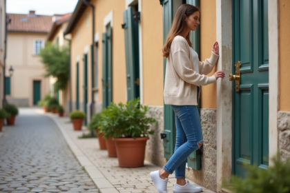 Jeune femme déverrouillant une porte d'appartement rural