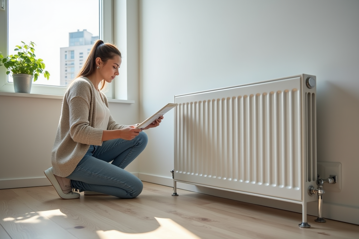 Jeune femme vérifiant un radiateur électrique moderne dans un appartement lumineux