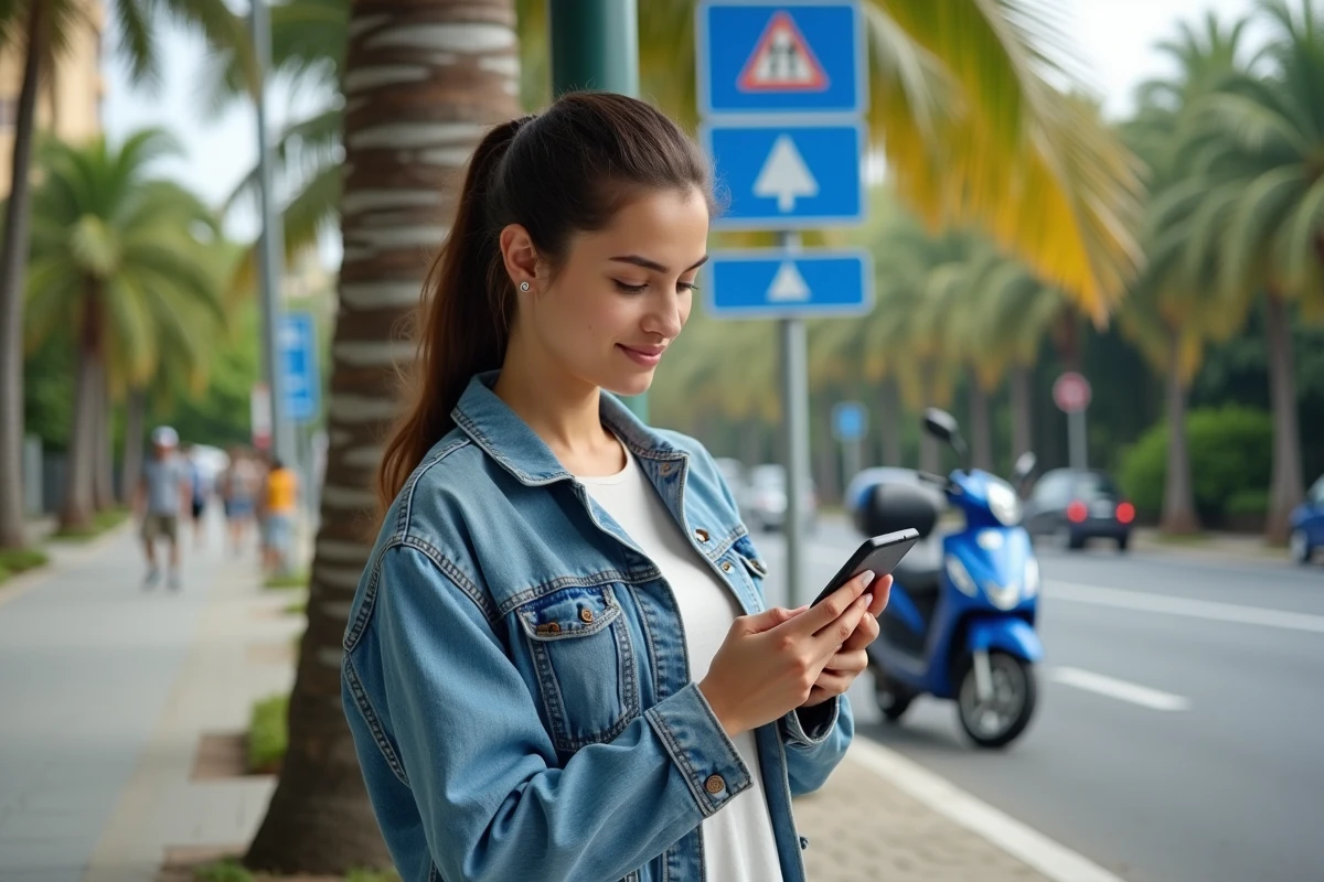 Jeune femme avec smartphone près d un arrêt de bus en Guyane