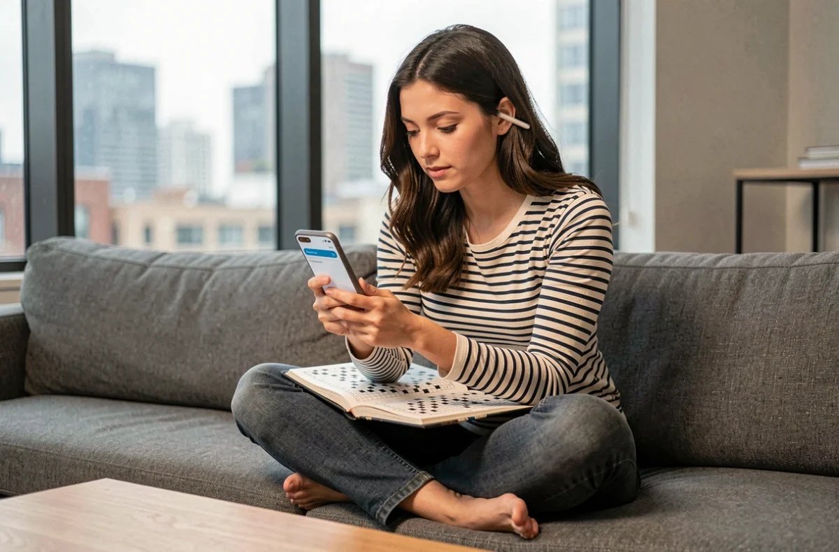 Jeune femme cherchant un synonyme de résolution sur smartphone pour résoudre ses mots fléchés dans un appartement moderne