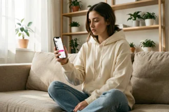 Jeune femme consultant l'application TikTok sur son smartphone pour choisir la meilleure heure de publication le vendredi