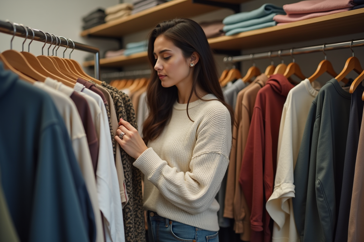 Jeune femme examine des blouses dans une boutique de seconde main