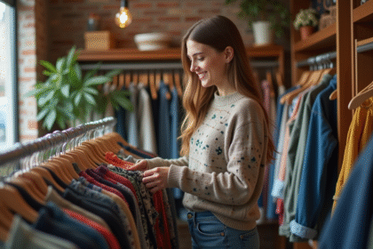 Jeune femme souriante dans une friperie vintage authentique