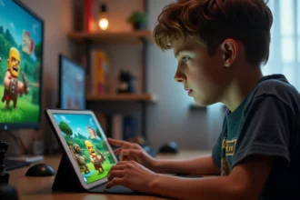 Jeune garçon concentré jouant à Clash of Clans sur tablette dans une salle gaming