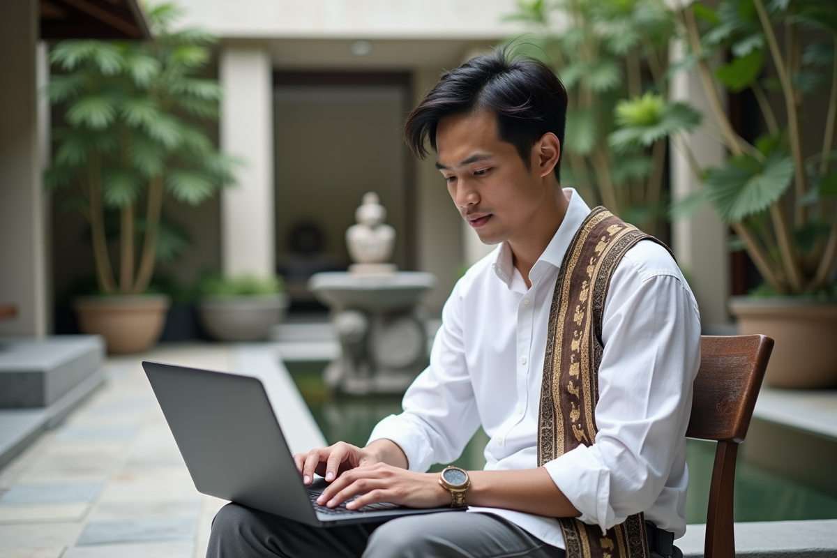Jeune homme balinais travaillant sur un ordinateur dans la cour