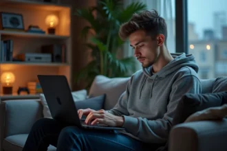 Jeune homme lisant des nouvelles sur un ordinateur dans un salon